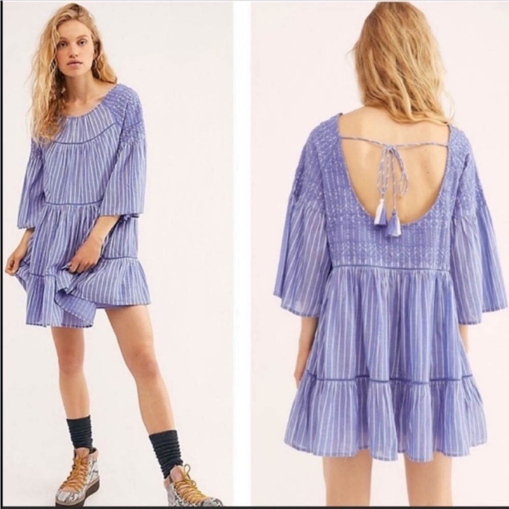 Free People Lola Embroidered Mini Dress in Chambray NWT